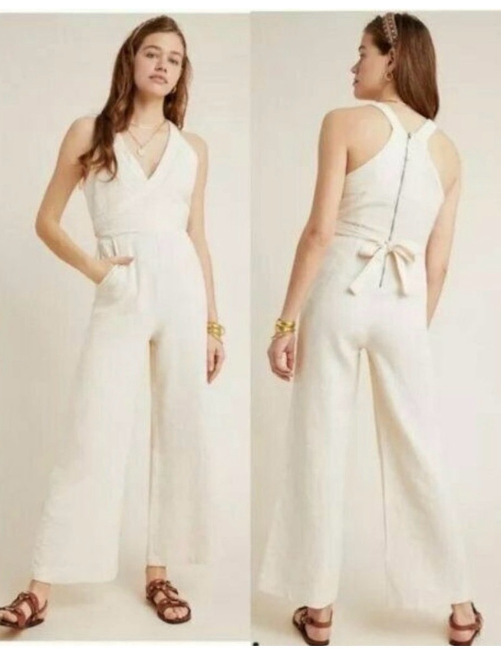 Anthropologie Demi Ivory Textured Jumpsuit Size 14